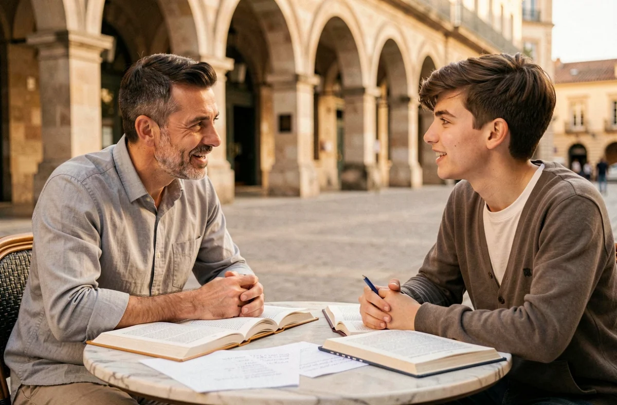 Professeur particulier Acadomia Montpellier donnant un cours de littérature à un étudiant en terrasse