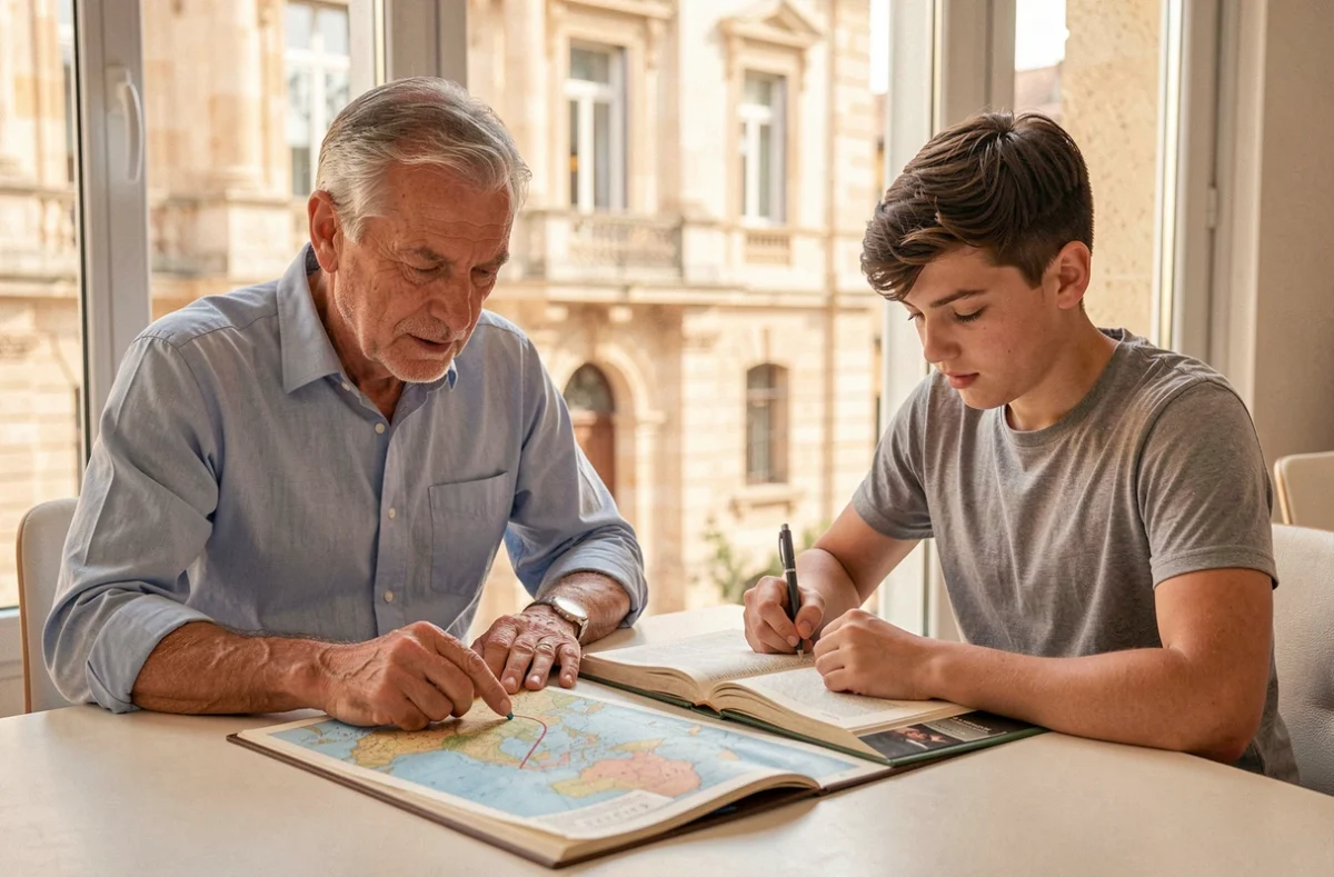 Professeur particulier Acadomia Nîmes expliquant l'histoire romaine à un lycéen avec une carte historique