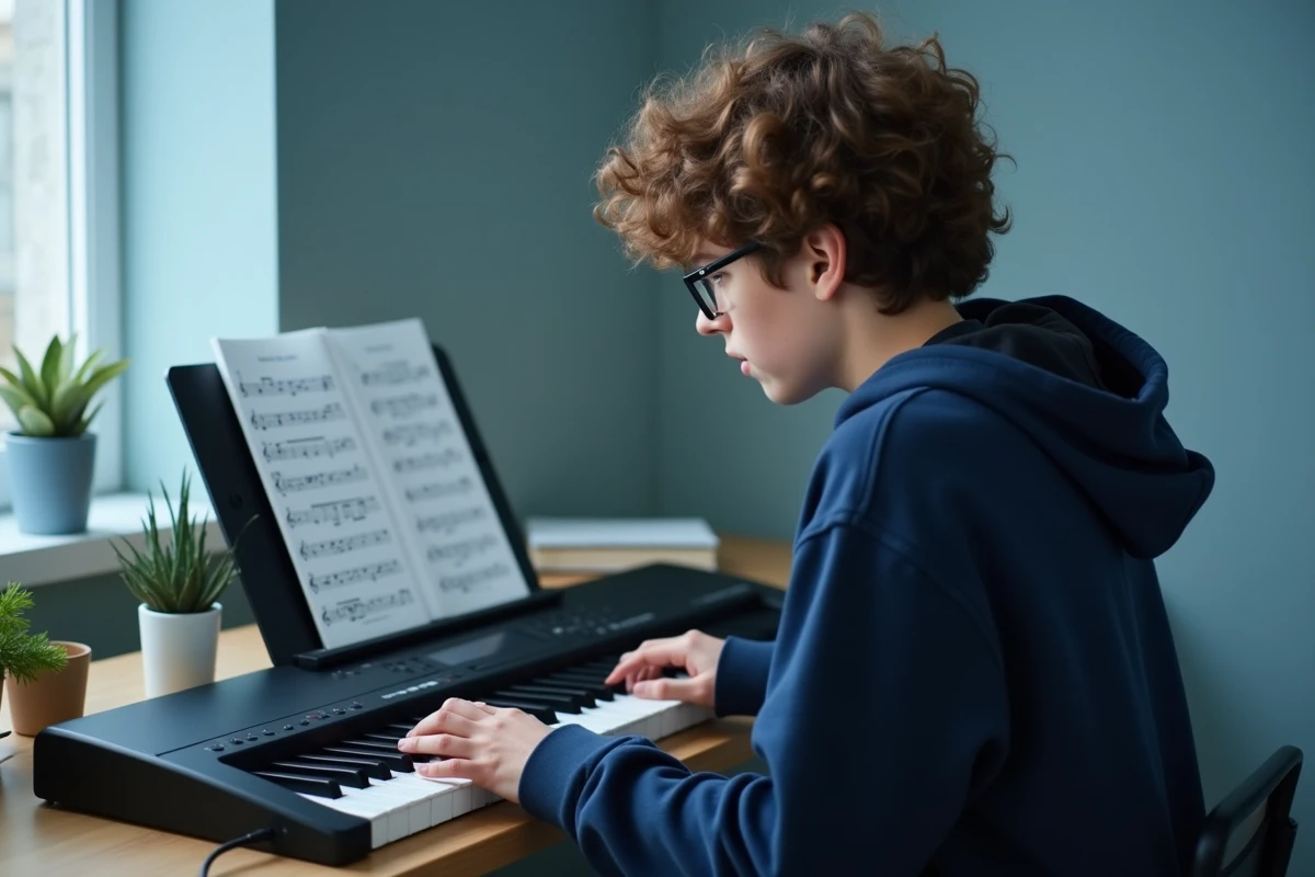 Adolescent qui apprend les accords de piano numérique dans une chambre minimaliste avec partition