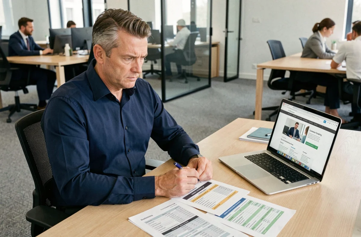 Homme d'affaires analysant les prix d'abonnement du magazine Zoneformationbusiness.fr sur des documents imprimés et un ordinateur portable dans un bureau moderne