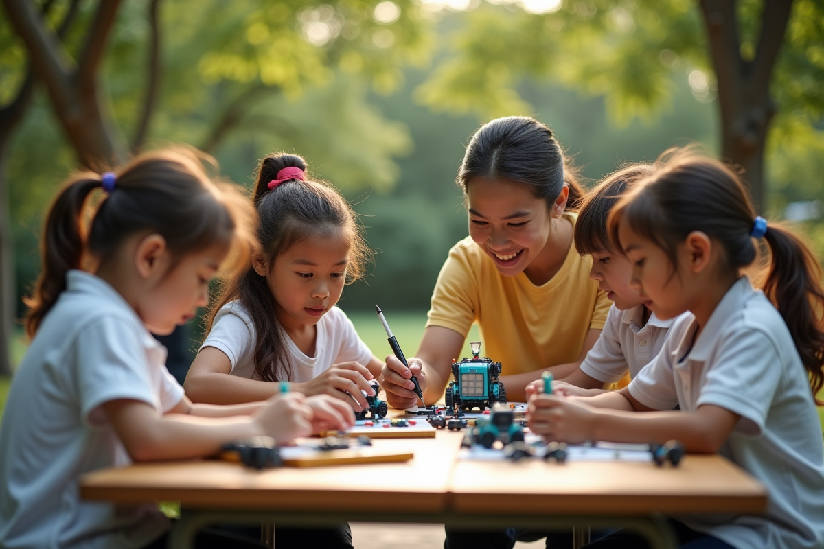 Enfants et enseignant explorant kits de robotique en plein air ensoleille