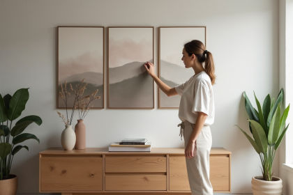 Femme ajustant un triptyque abstrait dans un salon moderne