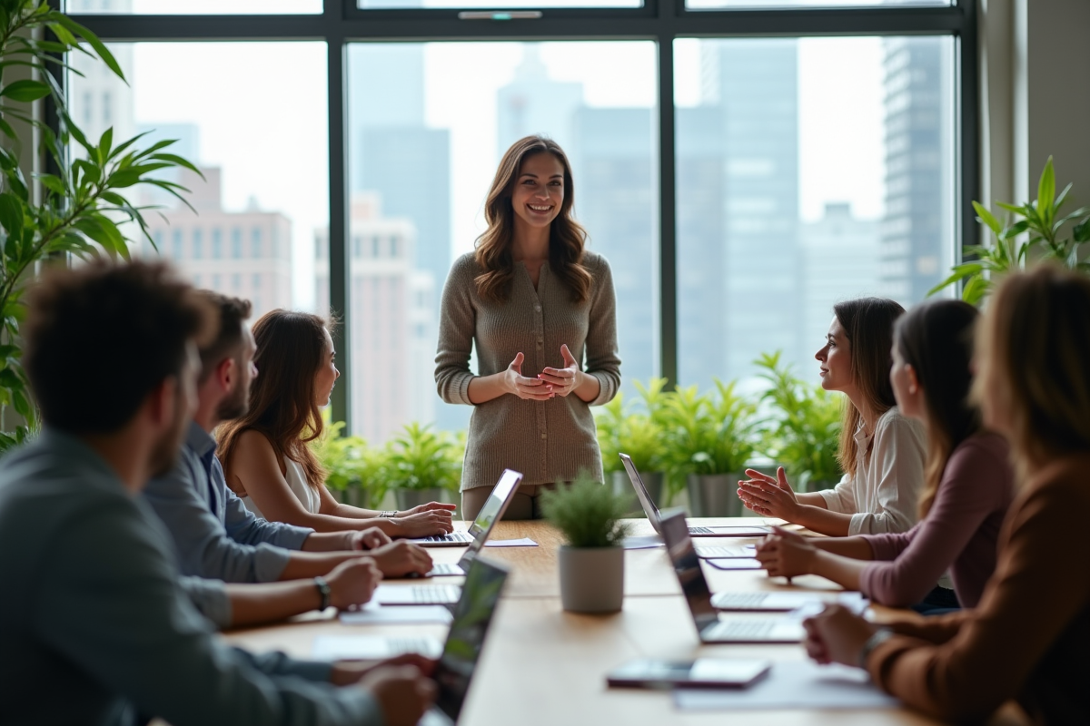 Coach confiant donnant un atelier dans un espace lumineux avec participants