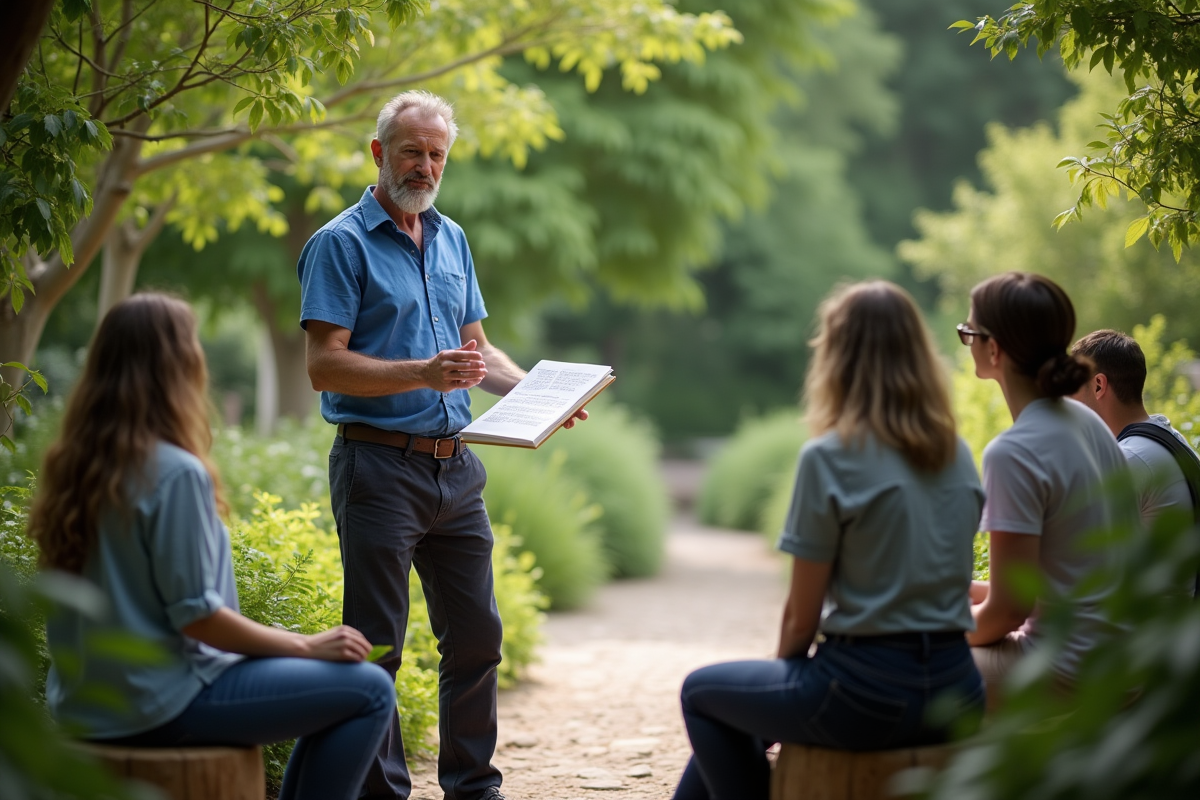 Naturopathe homme anime un atelier dans un jardin