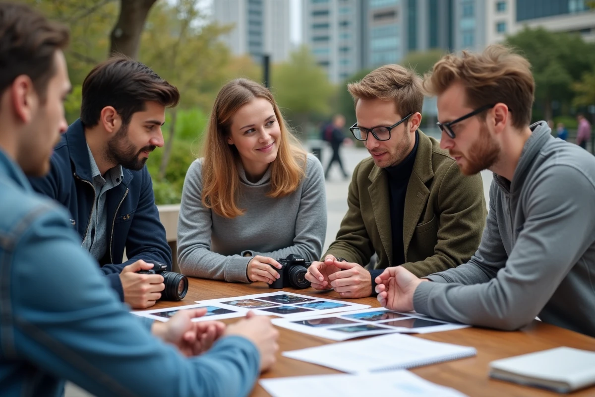 Groupe diversifié en atelier photo en extérieur