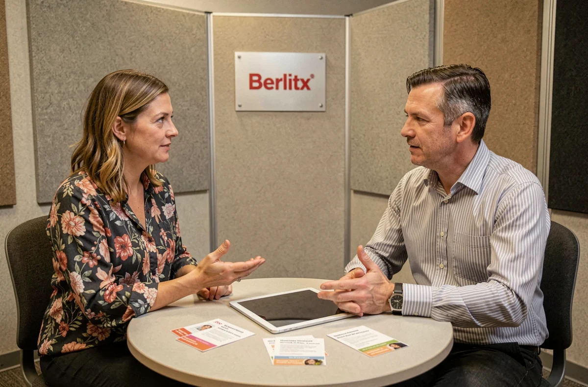 Session de coaching linguistique en tête-à-tête dans un centre Berlitz à Strasbourg, avec cartes de conversation et tablette sur la table