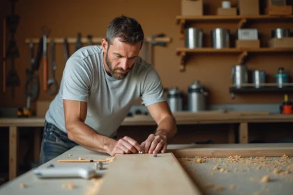 Homme adulte mesurant une planche en bois dans un atelier de bricolage maison, ambiance concentrée et organisée