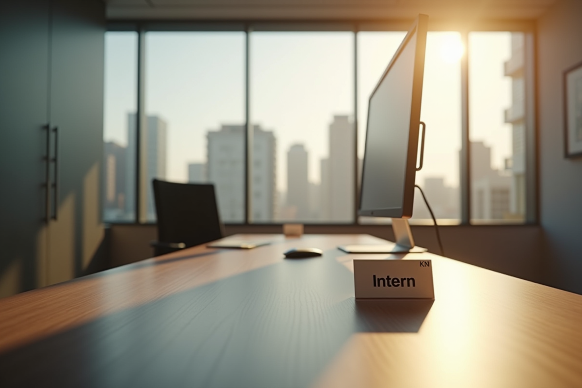 Bureau vide avec une affiche intern sur le bureau