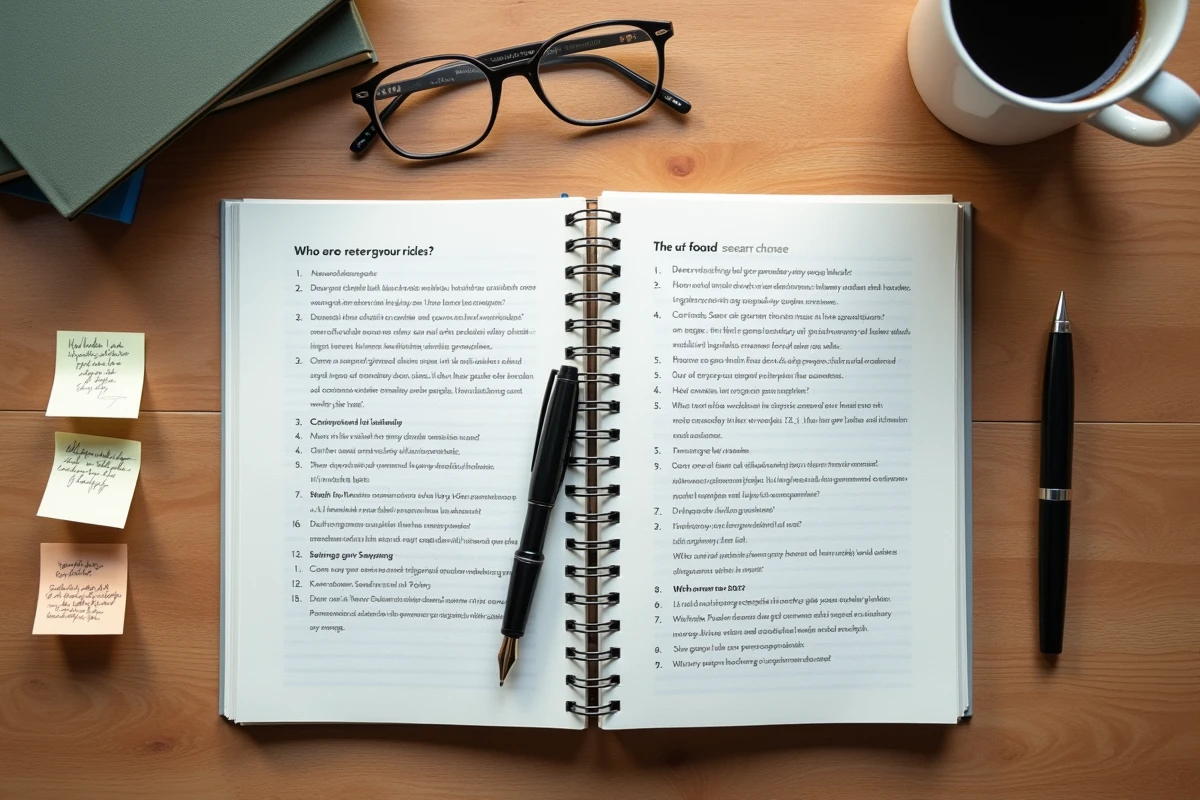Vue de dessus d'un bureau avec un cahier d'exercices d'écriture imprimé en PDF ouvert, un stylo plume, des notes manuscrites et une tasse de café