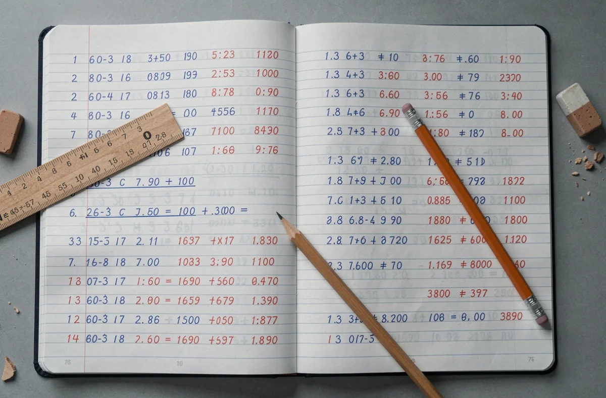 Cahier de mathématiques ouvert avec des exercices manuscrits sur les nombres décimaux au CM2