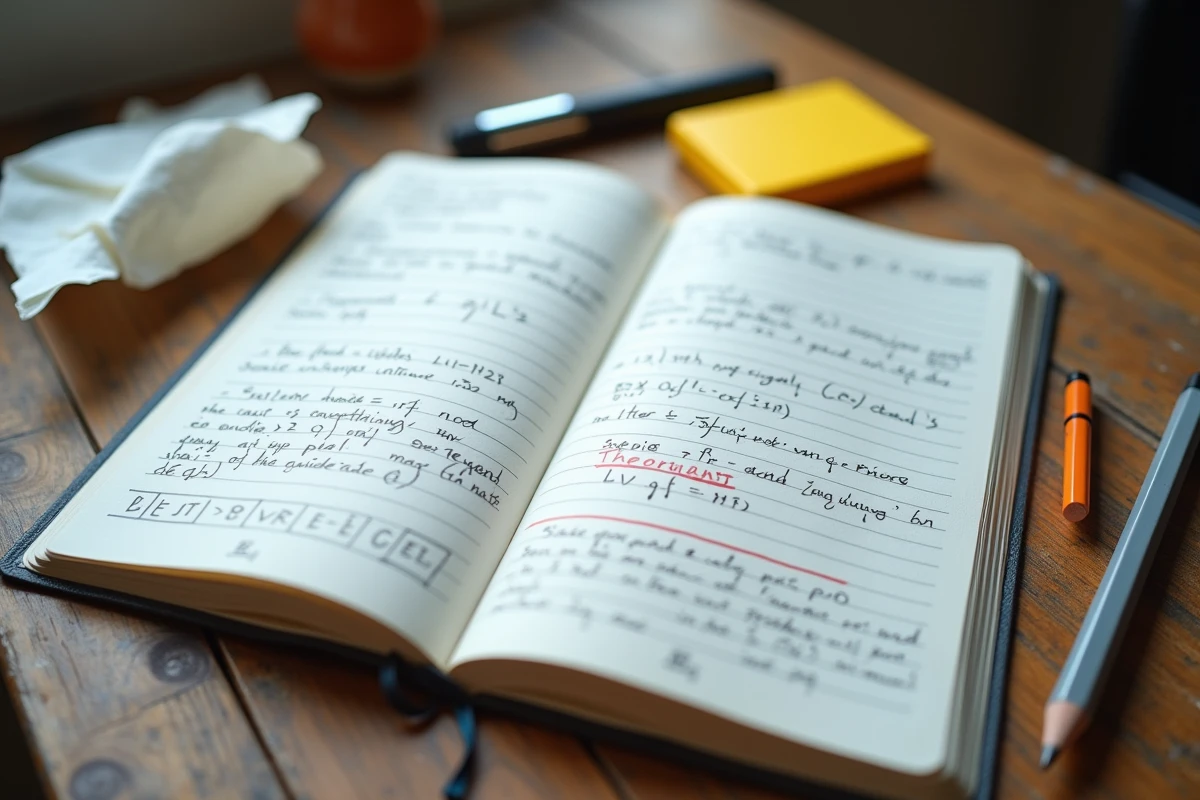 Gros plan sur un cahier de classe préparatoire ouvert avec des notes manuscrites denses sur les majorants et la borne supérieure