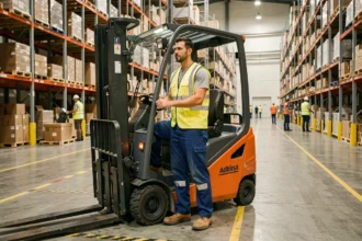 Cariste homme conduisant un chariot élévateur de type reach truck dans un entrepôt logistique moderne, portant un gilet haute visibilité jaune – illustration CACES 1 3 5 et intérim