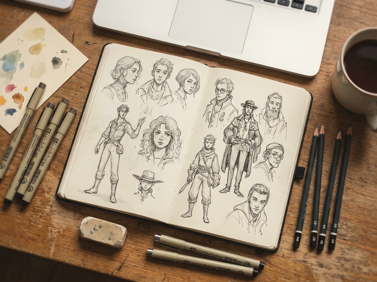 Vue aérienne d'un carnet de croquis ouvert avec des illustrations au crayon et à l'encre entouré d'outils de dessin sur un bureau en bois