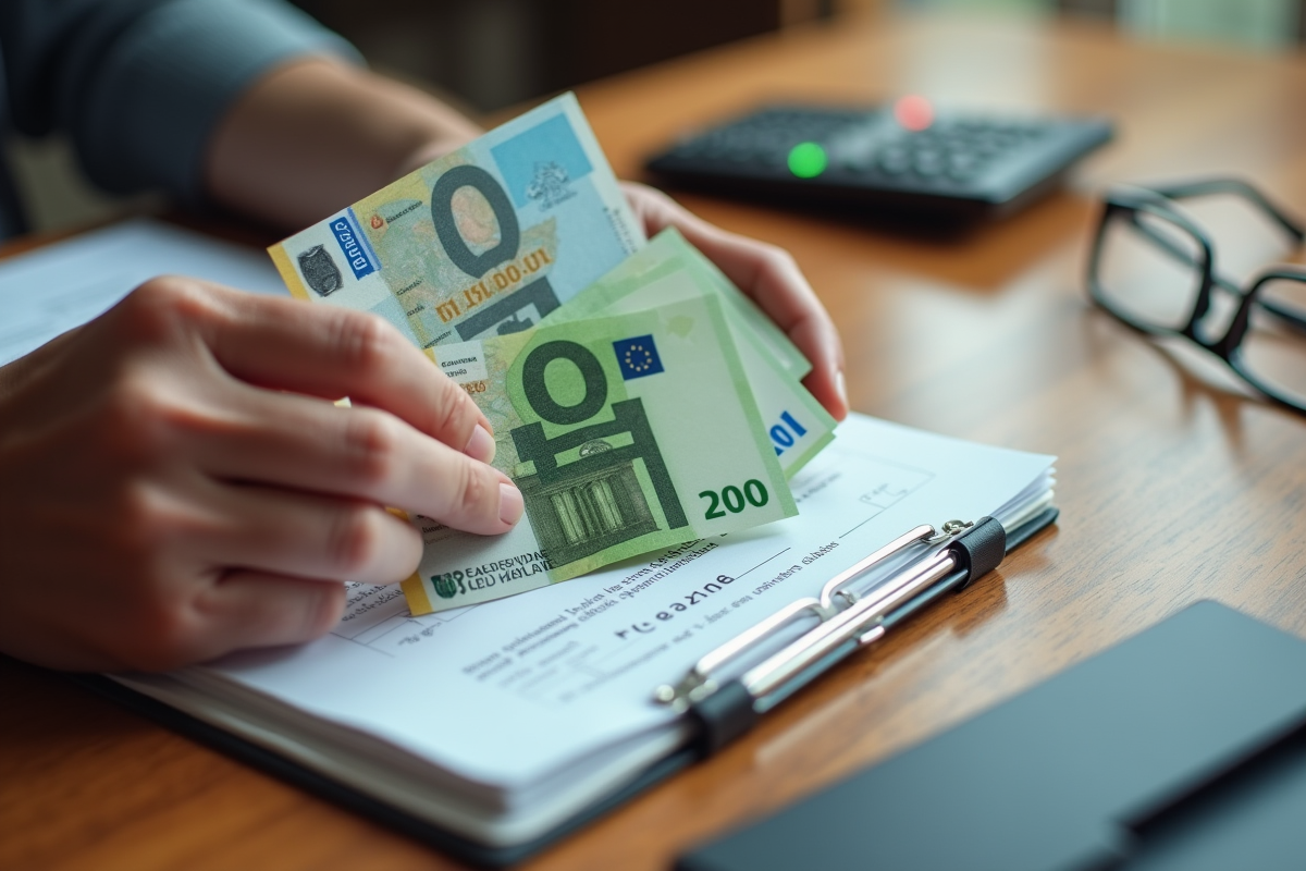 Mains d adulte tenant une carte Vitale et des billets d euros