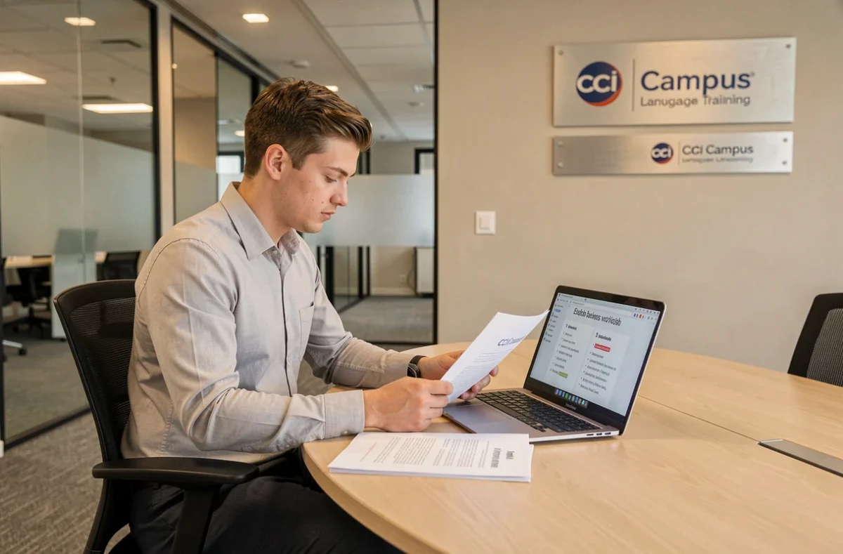 Professionnel en formation linguistique au CCI Campus Centre d'Etude de Langues à Strasbourg, travaillant sur des documents et un ordinateur portable