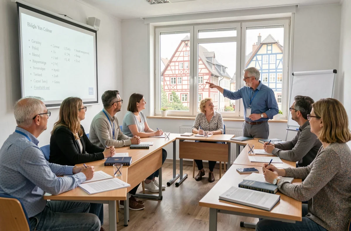 Cours de langue adultes au CEL CCI Campus de Colmar avec un instructeur et des apprenants en salle de formation face à un écran de projection