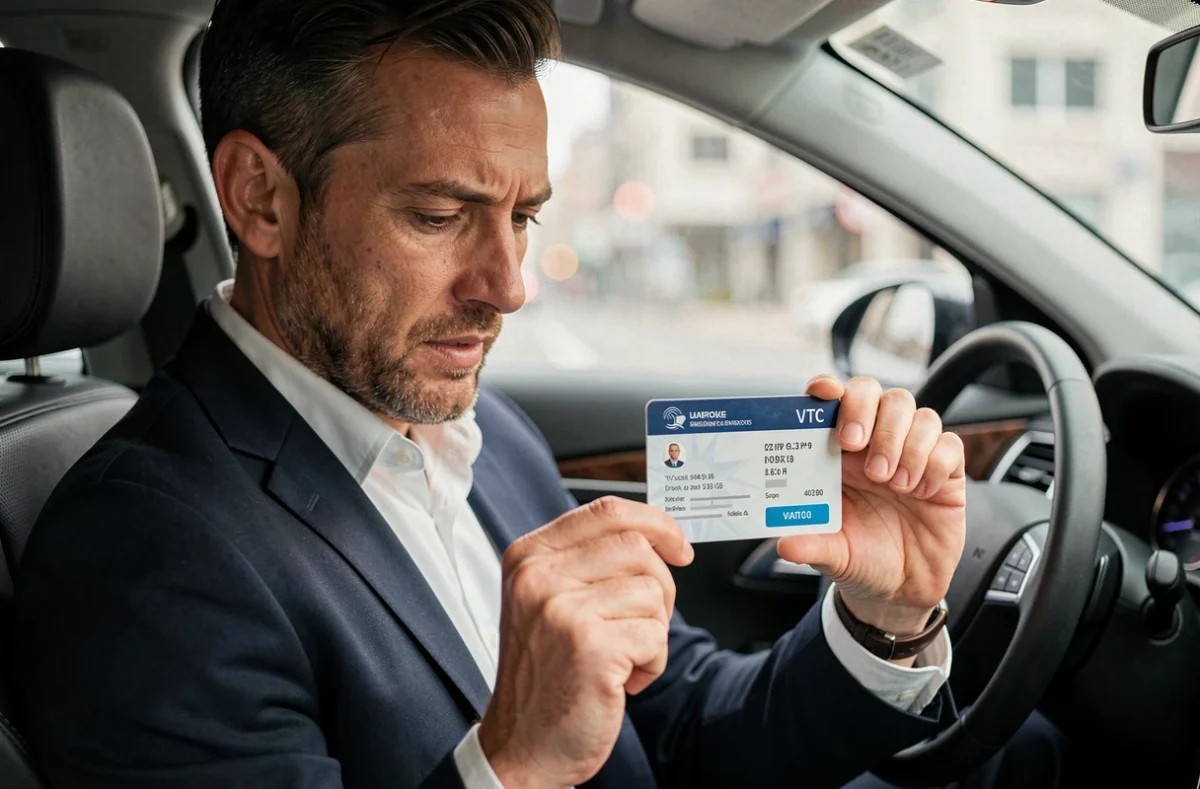 Chauffeur VTC professionnel tenant sa carte BVTC à l'intérieur de son véhicule, prêt à négocier avec les plateformes de transport