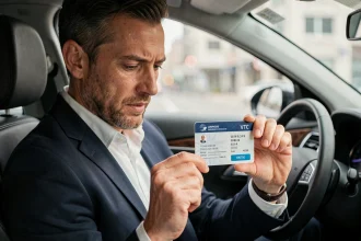 Chauffeur VTC professionnel tenant sa carte BVTC à l'intérieur de son véhicule, prêt à négocier avec les plateformes de transport