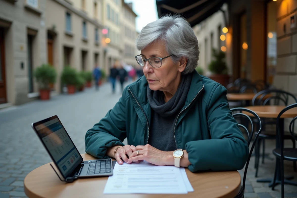 Femme consultant une liste de réglages de sécurité pour son compte Pia convergence Grenoble dans un café en plein air