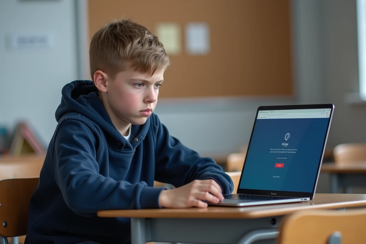 Collégien concentré face à une erreur de connexion sur son ordinateur portable en classe