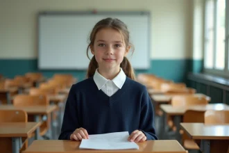 Jeune collégienne debout au pupitre donnant un discours de délégué de classe avec ses notes manuscrites