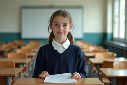 Jeune collégienne debout au pupitre donnant un discours de délégué de classe avec ses notes manuscrites