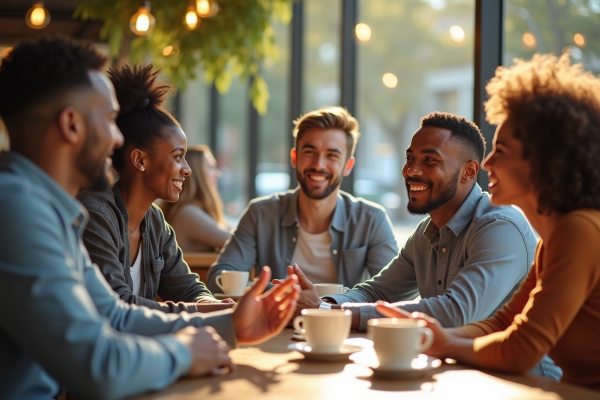 Groupe de collègues discutant dans un café ensoleille