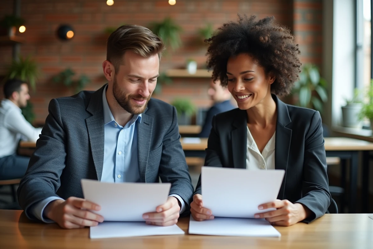Deux professionnels comparant des ressources d'entra&icirc;nement gratuites et payantes pour les tests psychotechniques