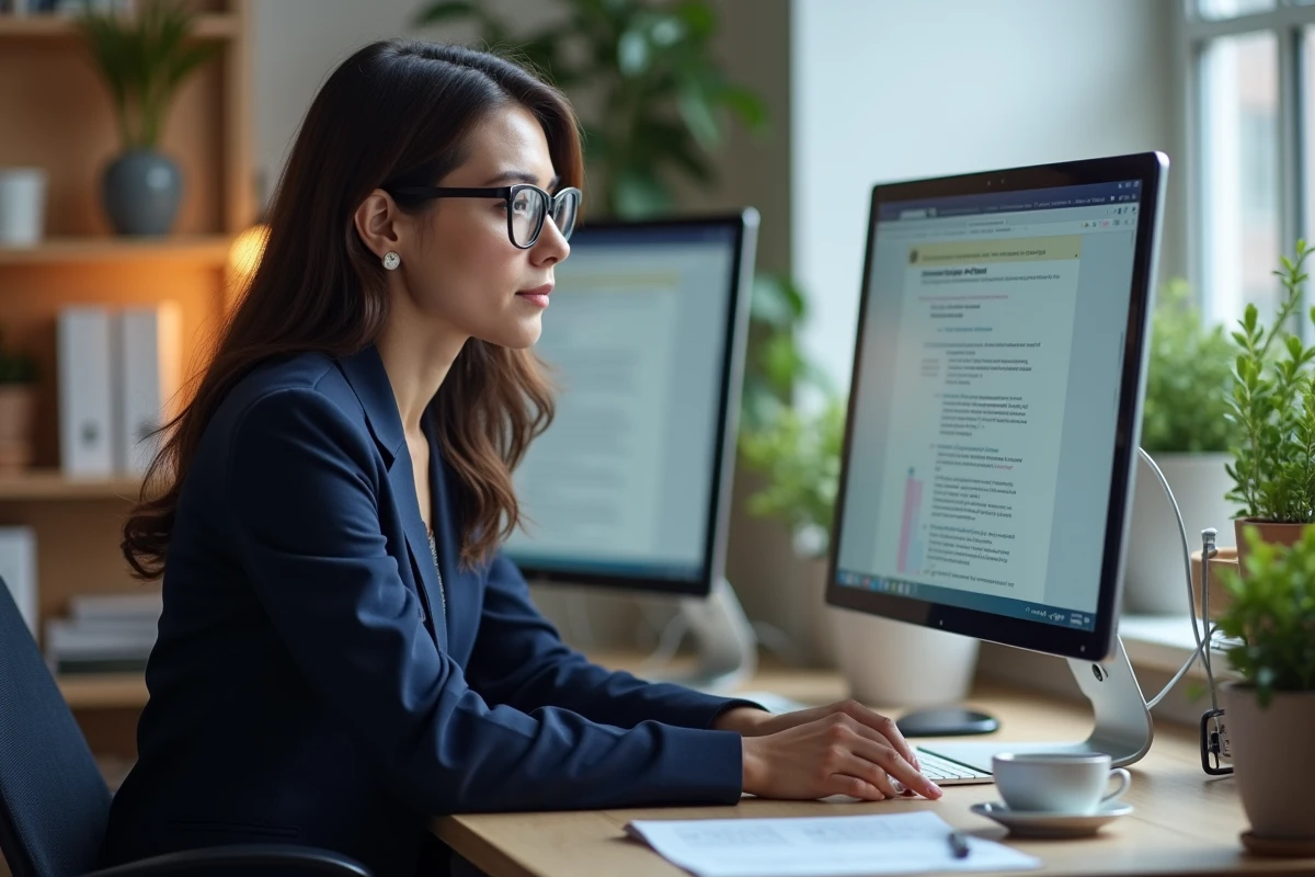 Femme professionnelle comparant des interfaces de webmail sur deux écrans dans un bureau administratif moderne