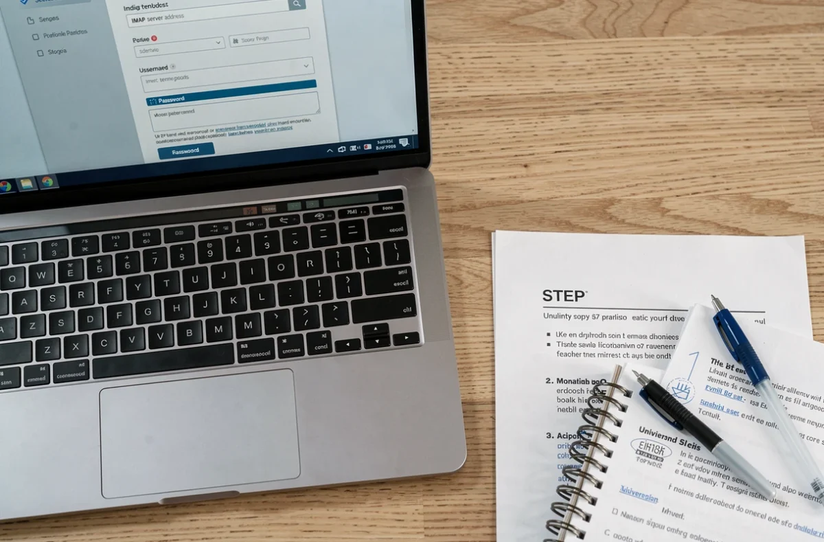 Vue aérienne d'un ordinateur portable affichant les paramètres de configuration IMAP d'une messagerie universitaire ENT Normandie avec un guide imprimé