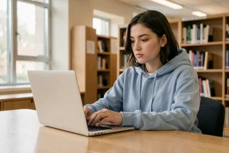 Étudiante configurant sa messagerie universitaire sur un ordinateur portable dans une bibliothèque universitaire moderne