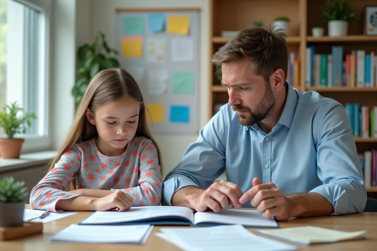 Conseiller scolaire en entretien avec une jeune élève dans un bureau d'orientation, discussion sur les dispositifs ULIS et SEGPA