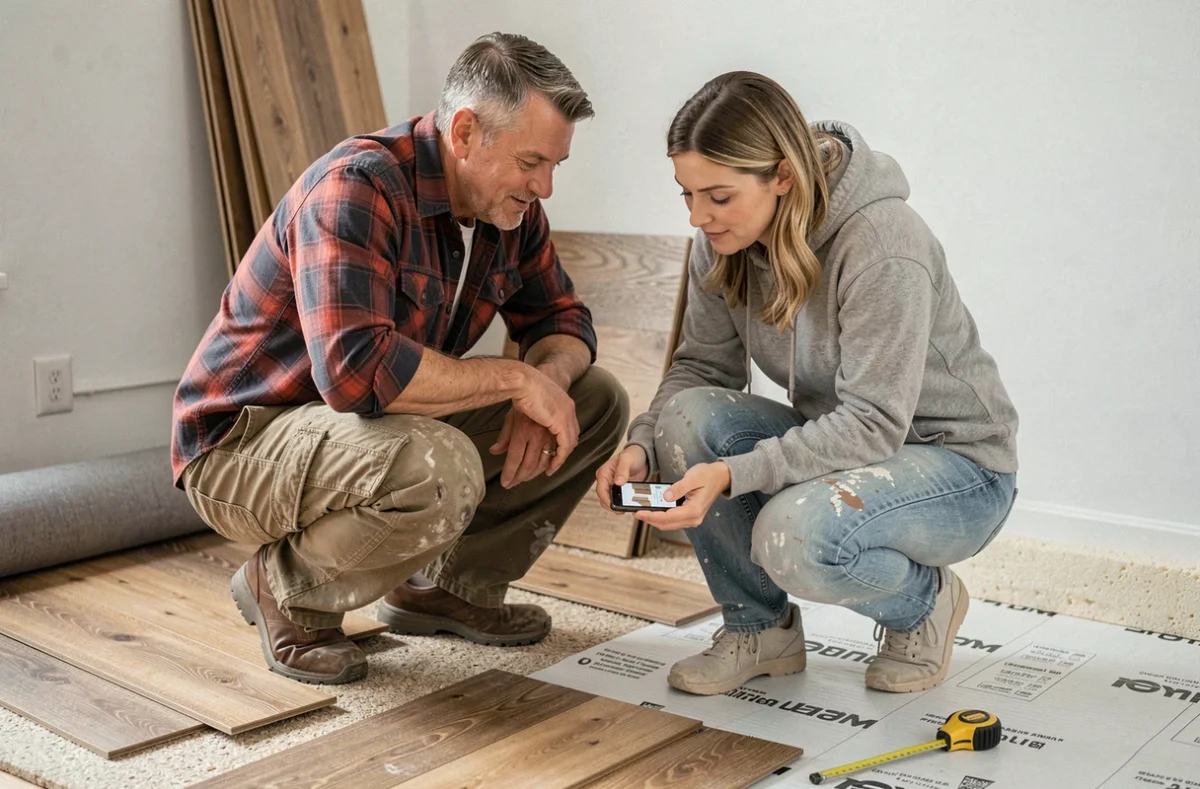 Un couple d'adultes consulte un tutoriel vidéo de bricolage en ligne pendant la pose d'un parquet