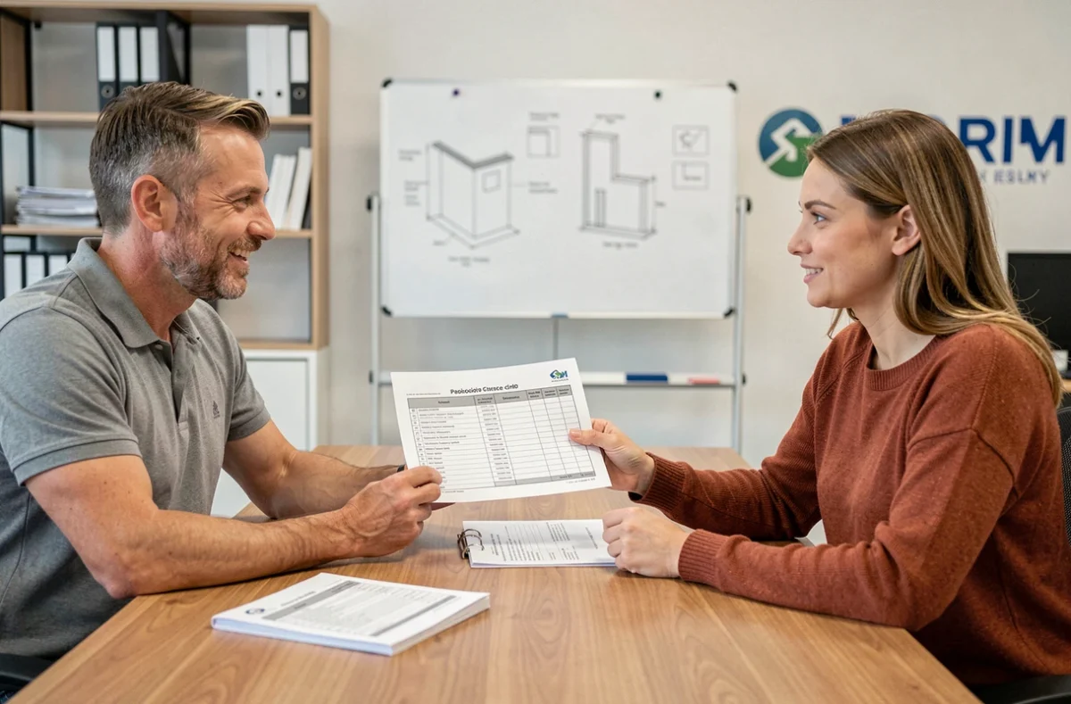 Couple discutant d'un devis détaillé avec un entrepreneur dans un bureau de rénovation professionnelle
