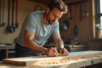 Nouveau propriétaire apprenant à mesurer une planche en bois lors d'un cours de bricolage en atelier
