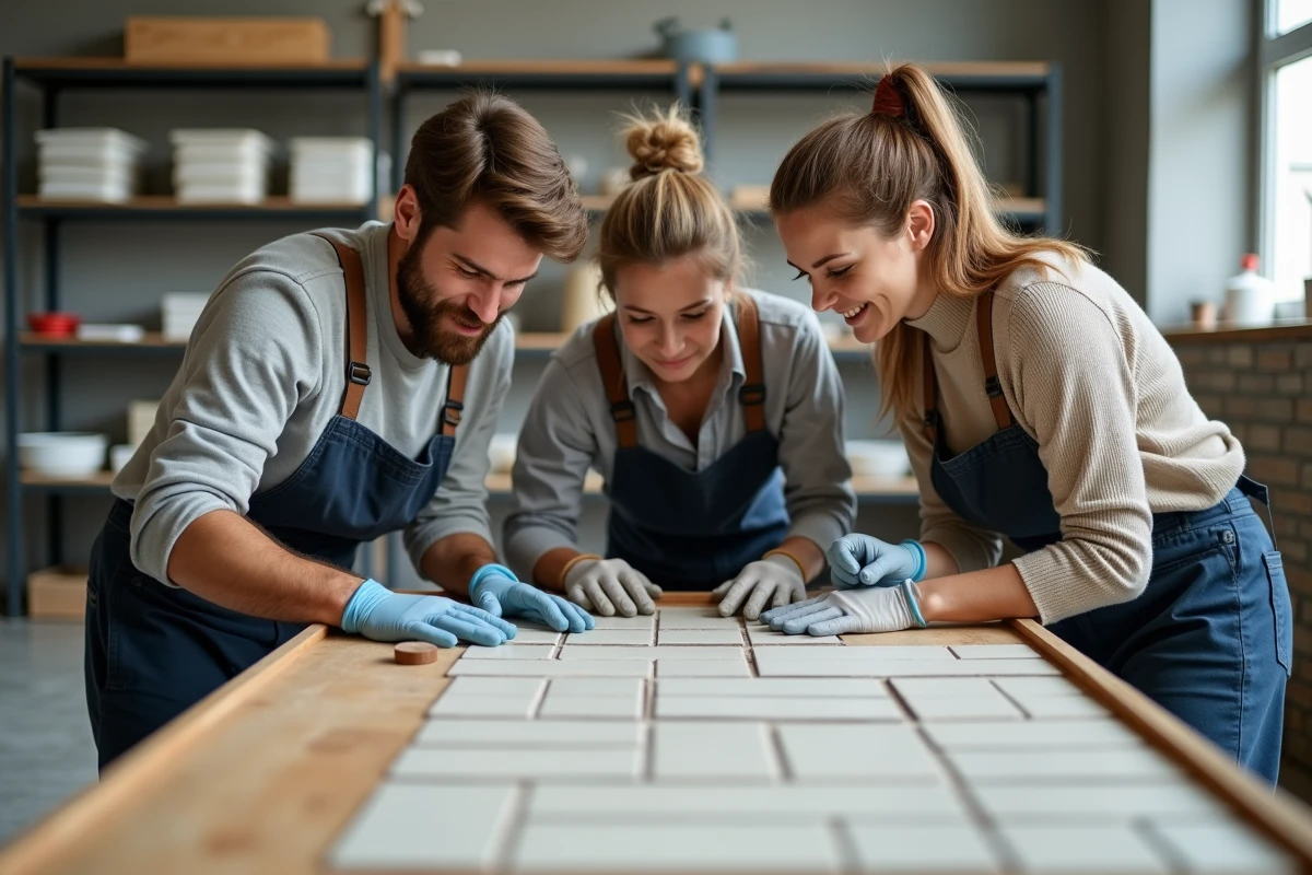 Groupe de nouveaux propriétaires participant à un cours de carrelage lors d'un atelier bricolage collectif