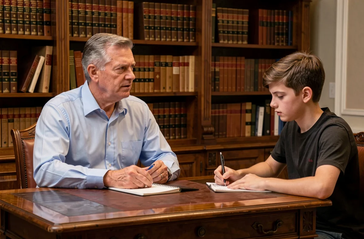 Professeur de Cours Legendre dans une bibliothèque académique transmettant son savoir à un lycéen sérieux