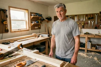 Homme adulte débutant apprenant la menuiserie seul dans un atelier de bricolage avec des outils en bois