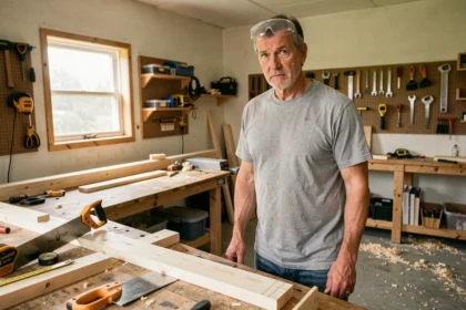Homme adulte débutant apprenant la menuiserie seul dans un atelier de bricolage avec des outils en bois