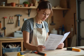 Femme adulte débutante en bricolage lisant un guide pratique sur un établi en bois dans un atelier domestique organisé