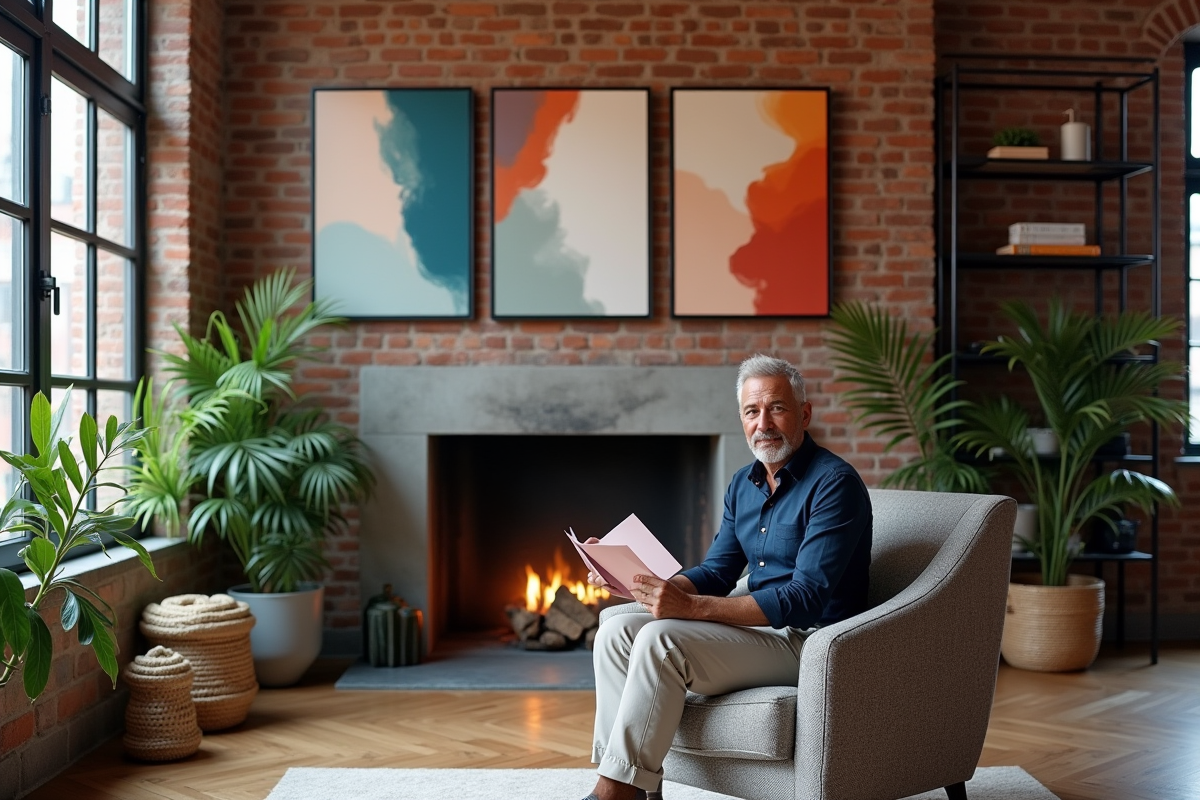 Designer d interieur regardant un triptyque dans un loft urbain