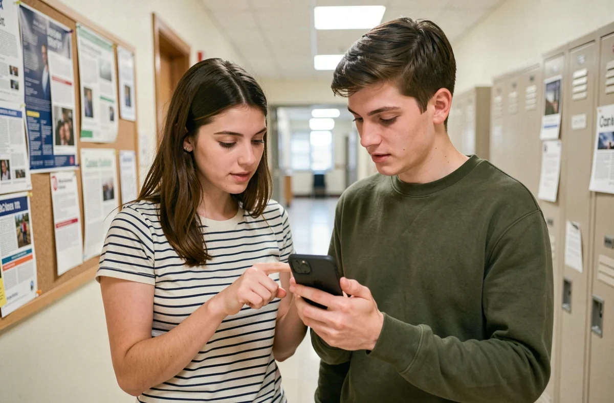 Deux étudiants consultant les réglages de l'ENT IUT Bourges sur smartphone dans un couloir universitaire