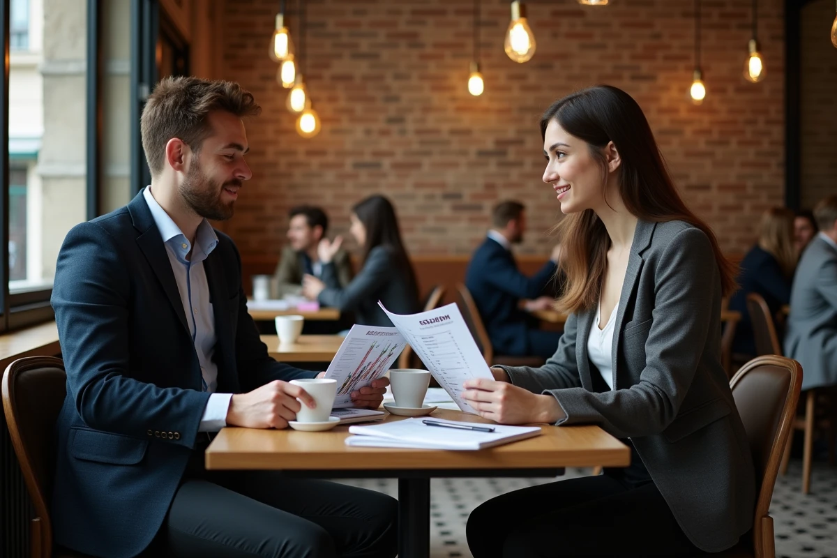 Deux jeunes diplômés discutant du classement SIGEM et de leur orientation carrière dans un café parisien