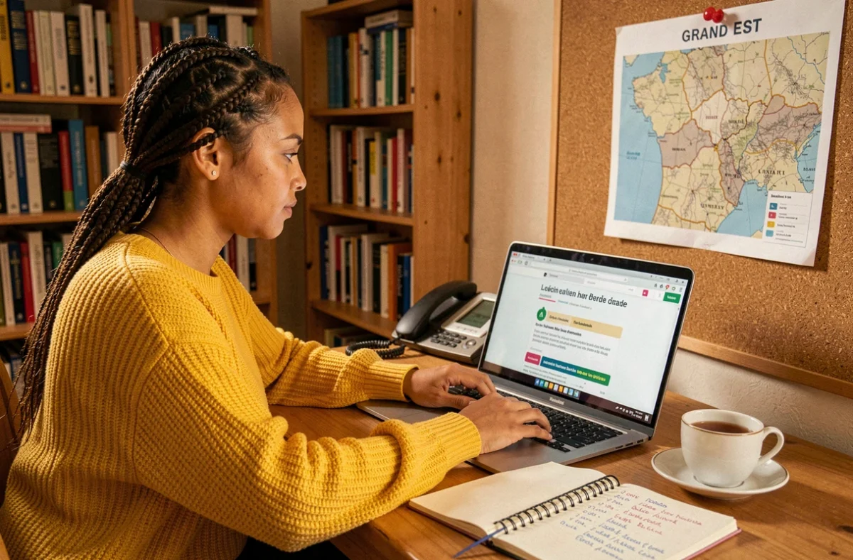 Jeune femme utilisant la plateforme régionale Do You Speak Grand Est sur son ordinateur depuis son bureau à domicile