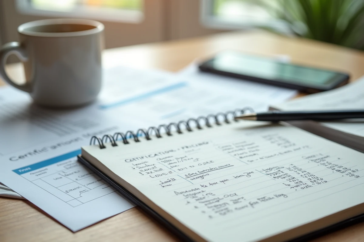 Vue de dessus d'un bureau avec des documents sur les tarifs de l'ACACED, un carnet de notes manuscrites et un smartphone affichant une application de planification financière