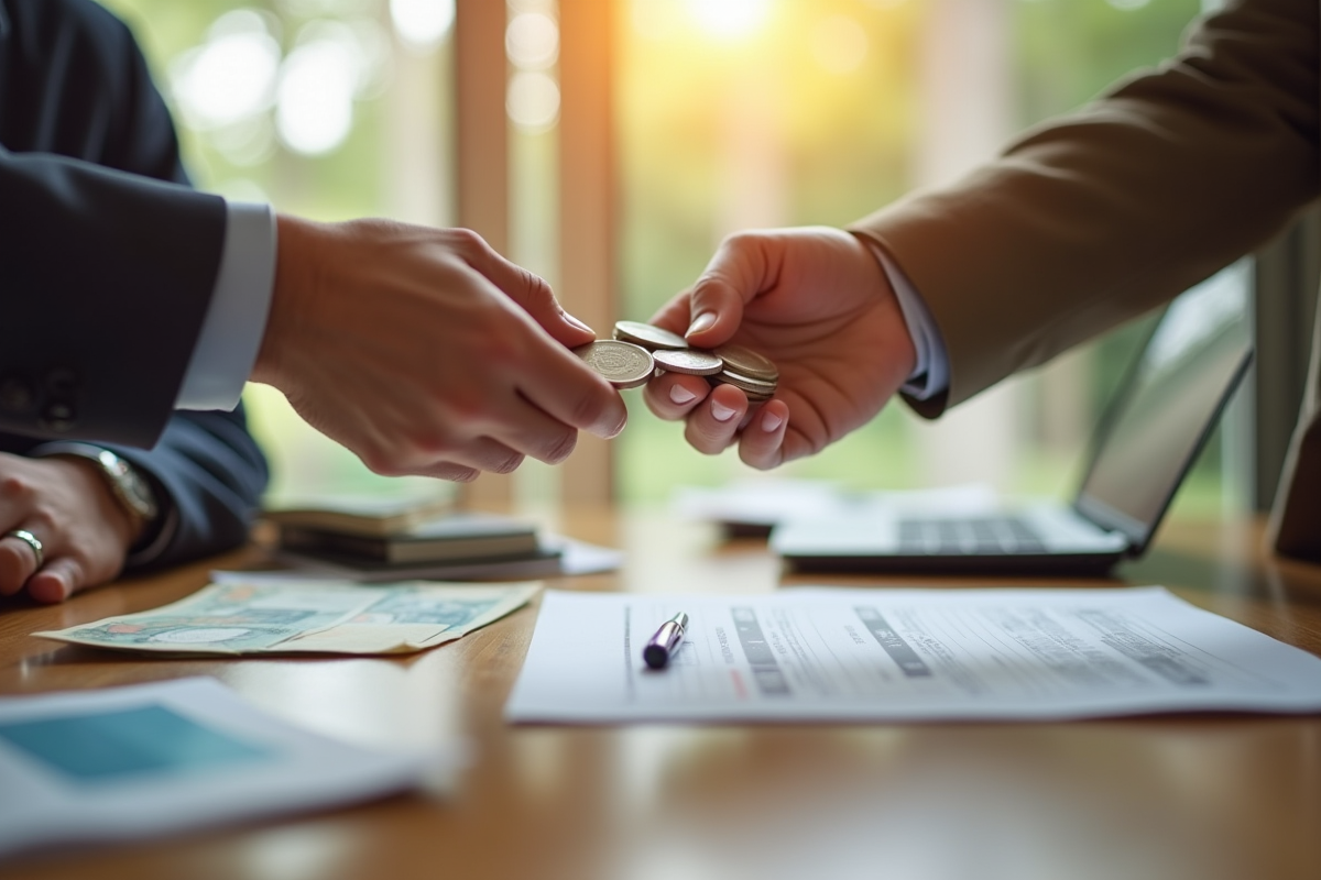 Mains échangeant des pièces et billets sur une table en intérieur lumineux