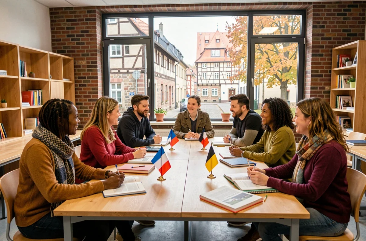 Groupe d'étudiants adultes dans une école de langues du Grand Est, autour d'une table avec des livres et drapeaux, fenêtres donnant sur une rue alsacienne