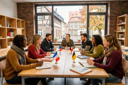 Groupe d'étudiants adultes dans une école de langues du Grand Est, autour d'une table avec des livres et drapeaux, fenêtres donnant sur une rue alsacienne
