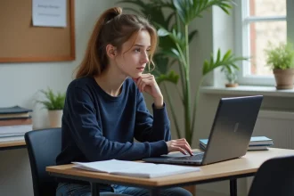 Jeune fille étudiante en ligne dans sa chambre lumineuse