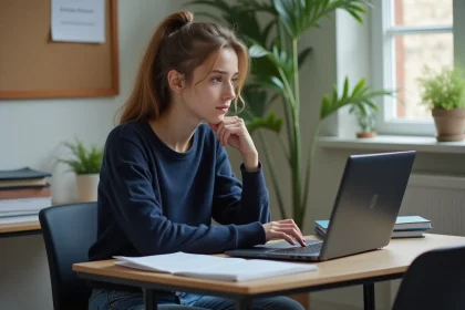 Jeune fille &eacute;tudiante en ligne dans sa chambre lumineuse